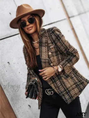 Amy Fashion - Lady Elegant Double-breasted Check Slim Long-sleeved Blazer