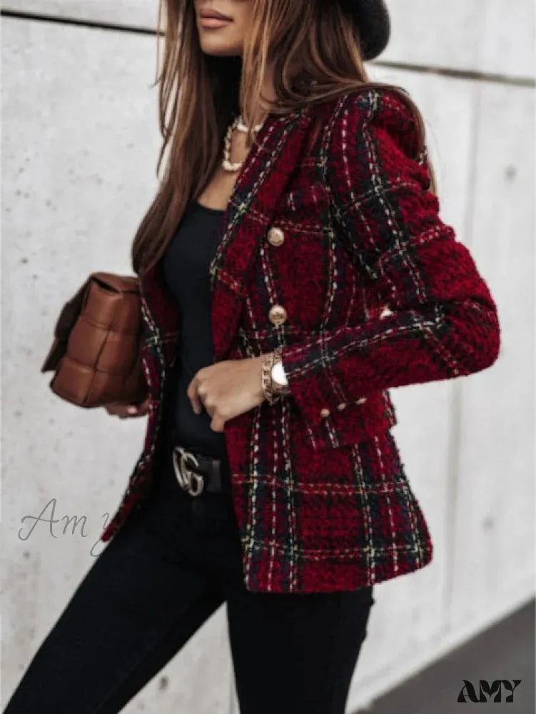 Amy Fashion - Lady Elegant Double-breasted Check Slim Long-sleeved Blazer