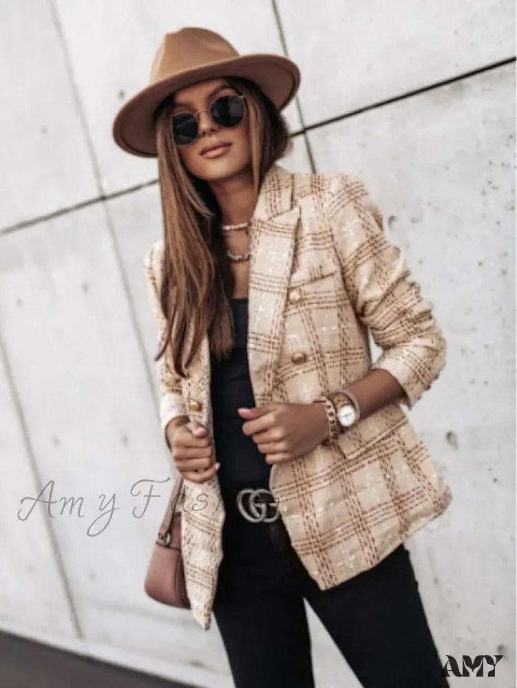 Amy Fashion - Lady Elegant Double-breasted Check Slim Long-sleeved Blazer