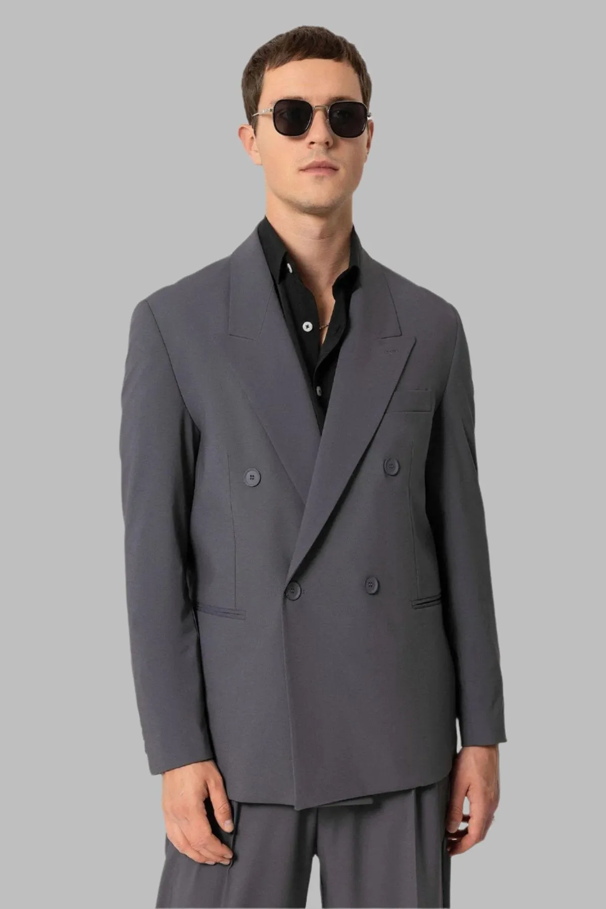 Anthracite Single Button Double-breasted Men's Blazer Jacket - Wessi