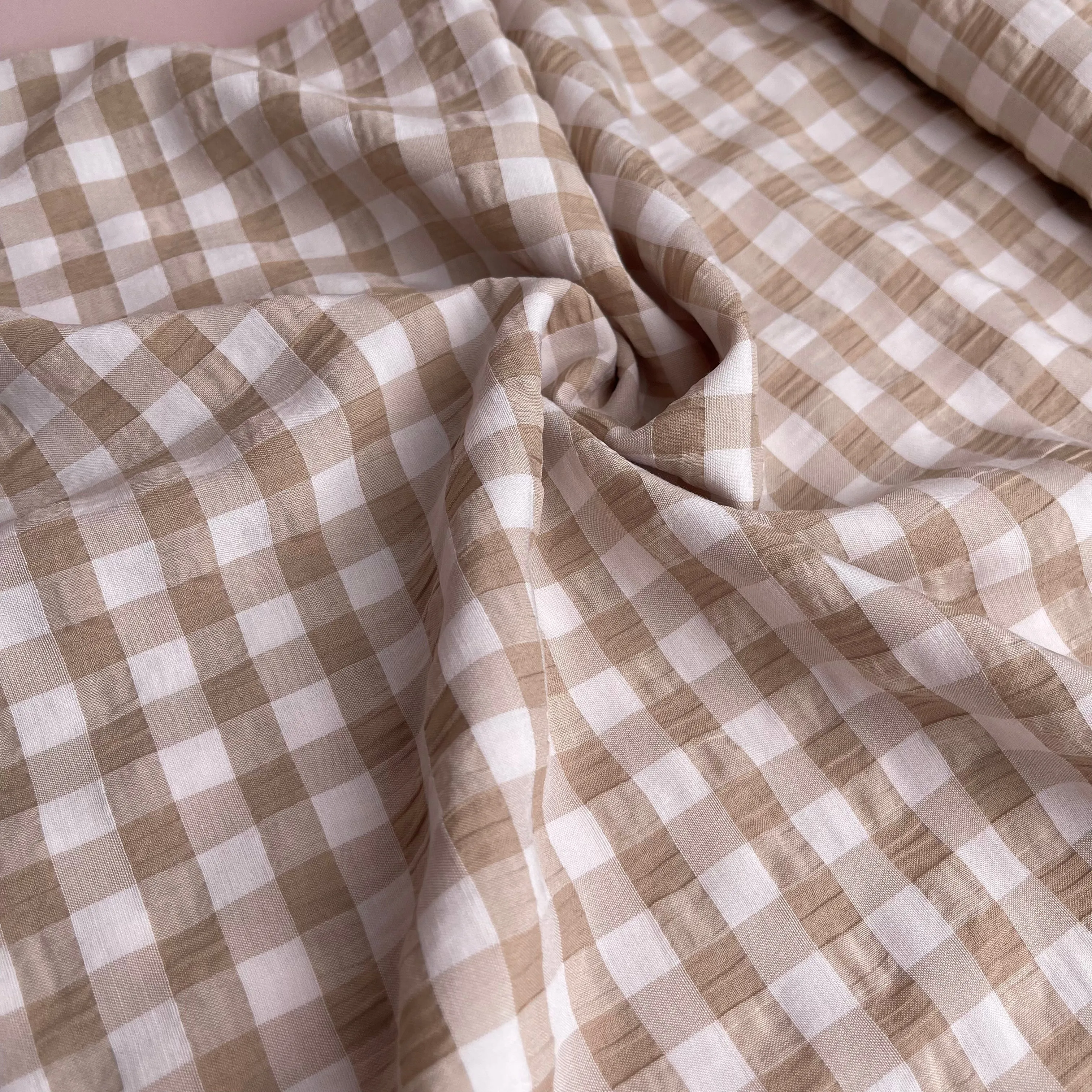 Beige Gingham Viscose Seersucker Fabric