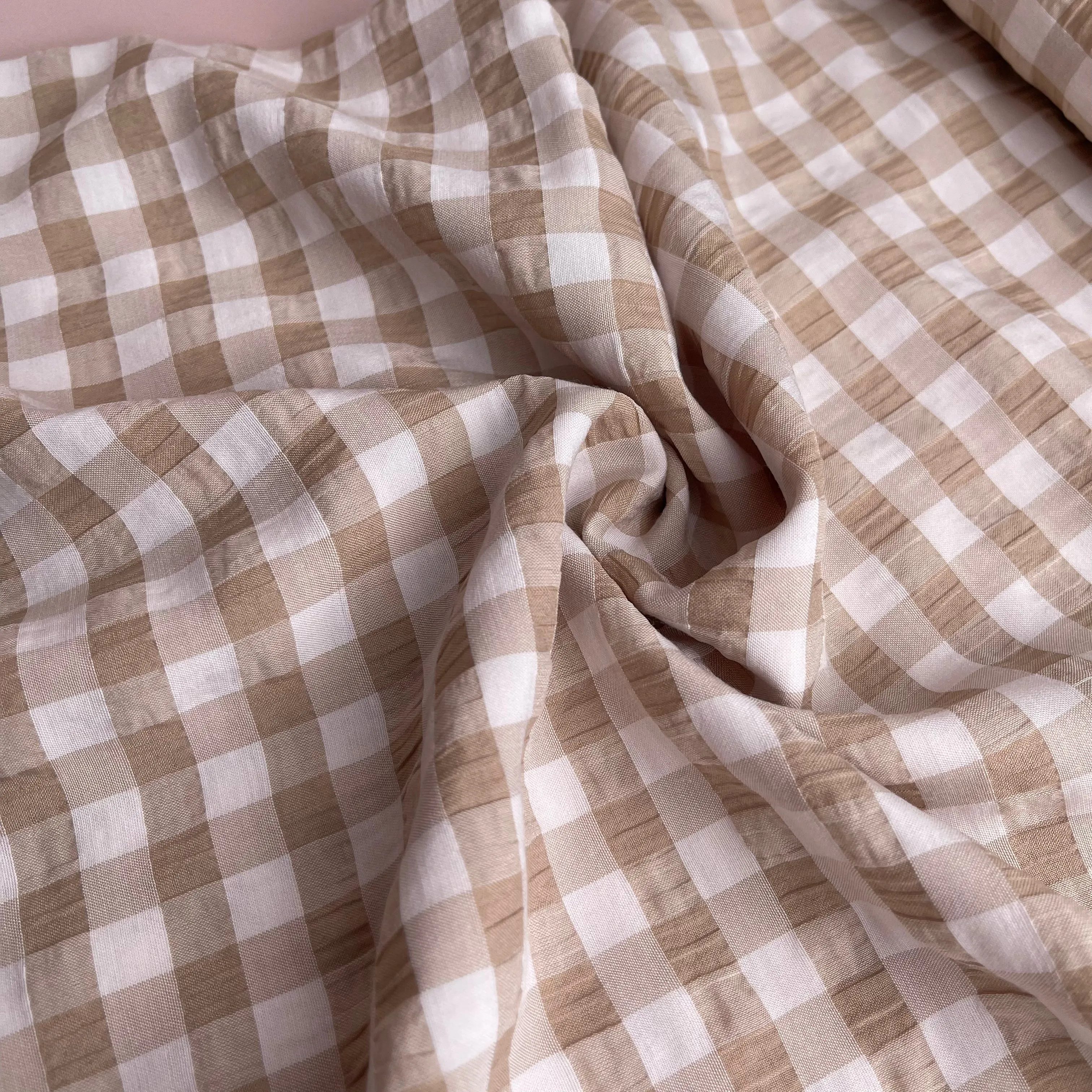 Beige Gingham Viscose Seersucker Fabric