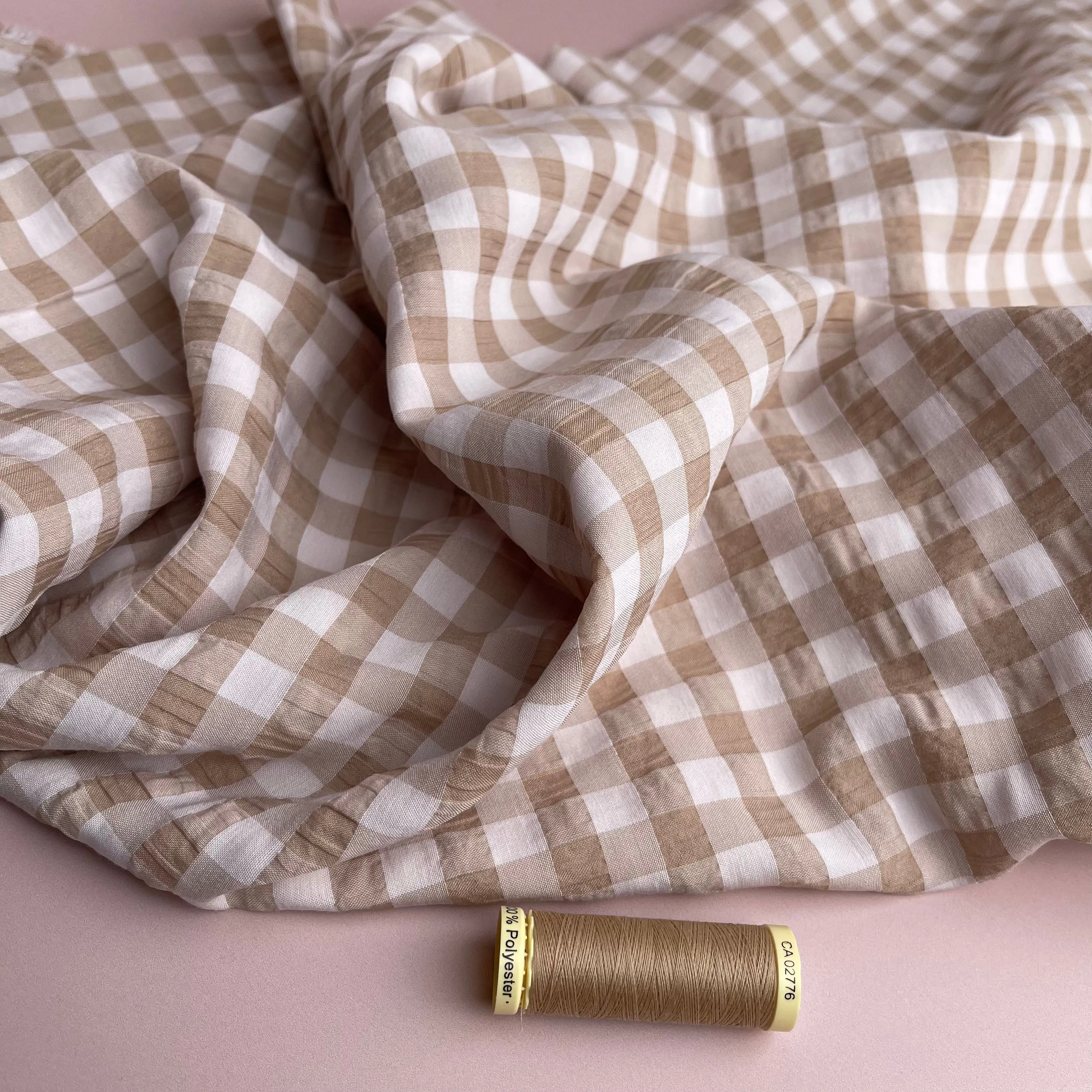 Beige Gingham Viscose Seersucker Fabric