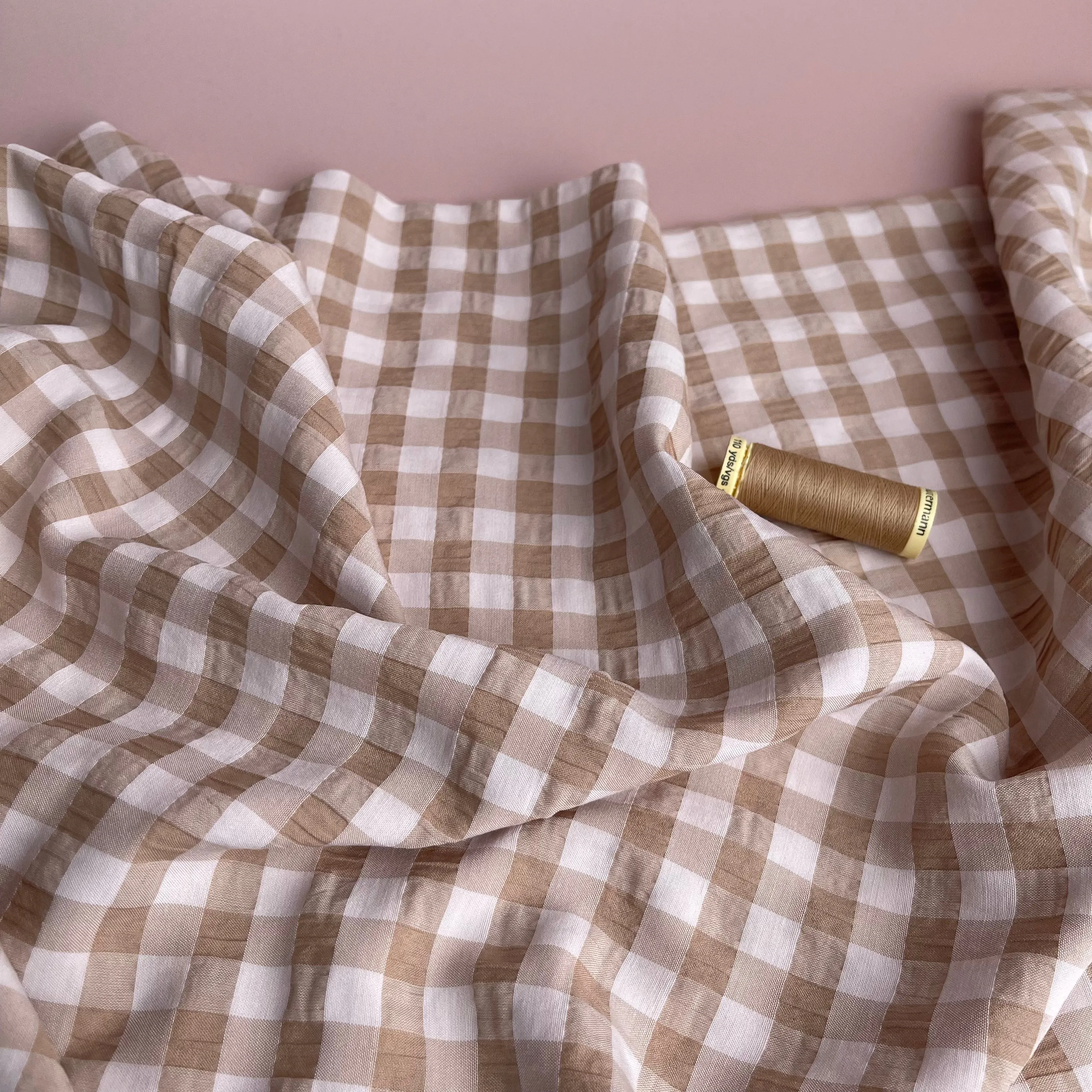 Beige Gingham Viscose Seersucker Fabric