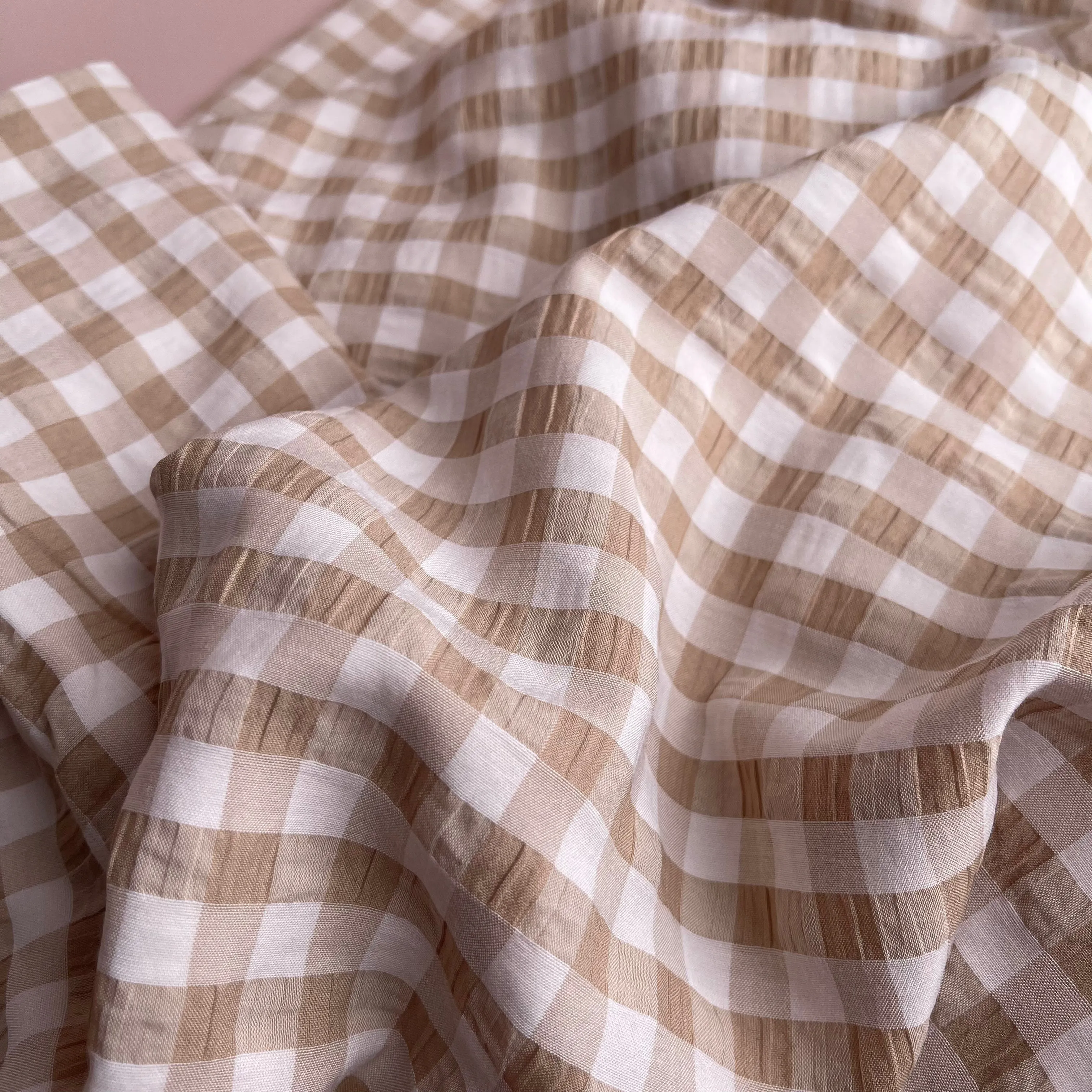 Beige Gingham Viscose Seersucker Fabric