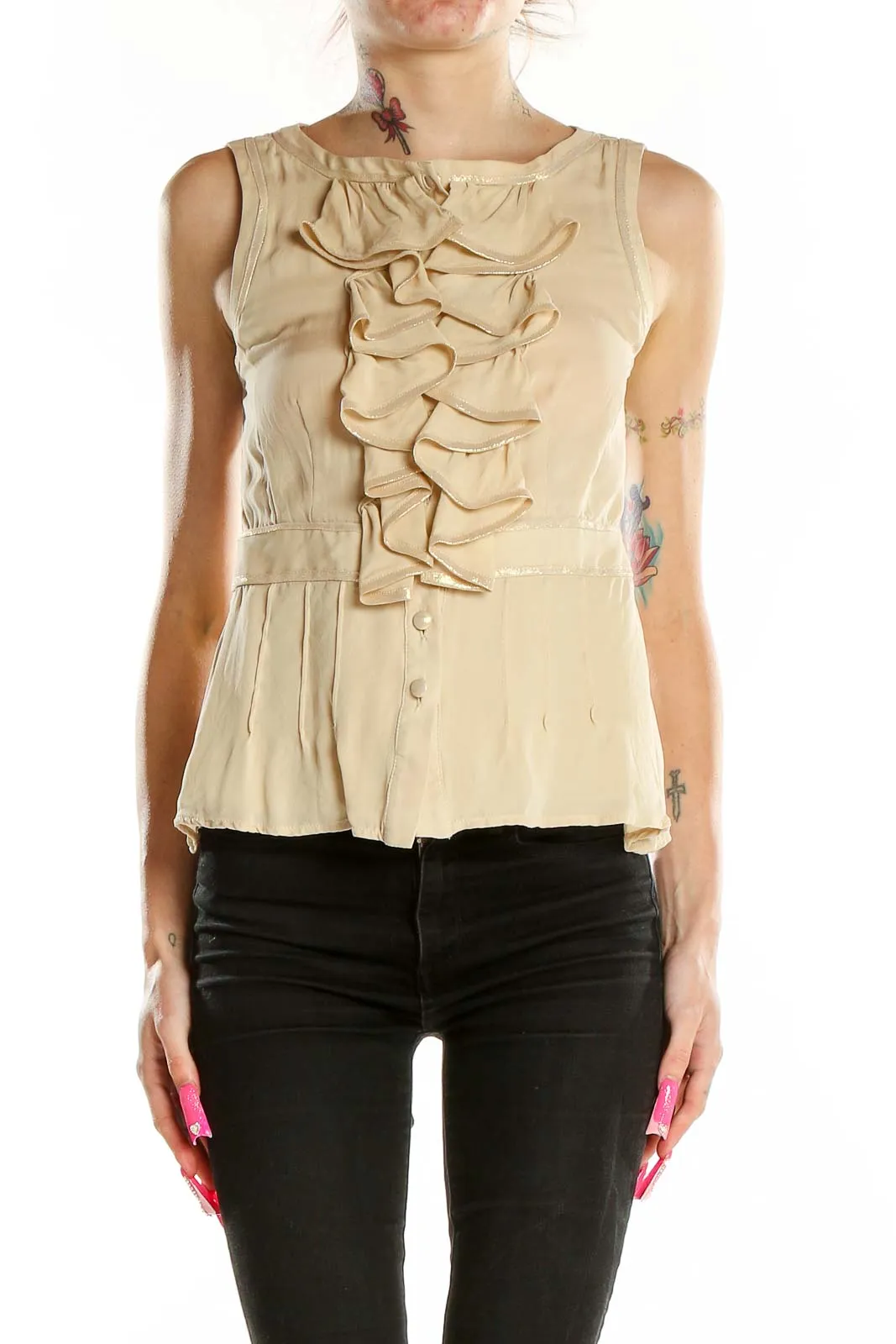 Beige Metallic Silk Ruffled Sleeveless Top