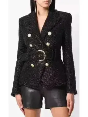 Belted Black Tweed Double-Breasted Jacket