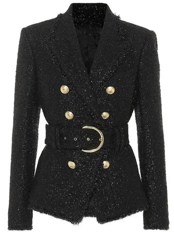 Belted Black Tweed Double-Breasted Jacket