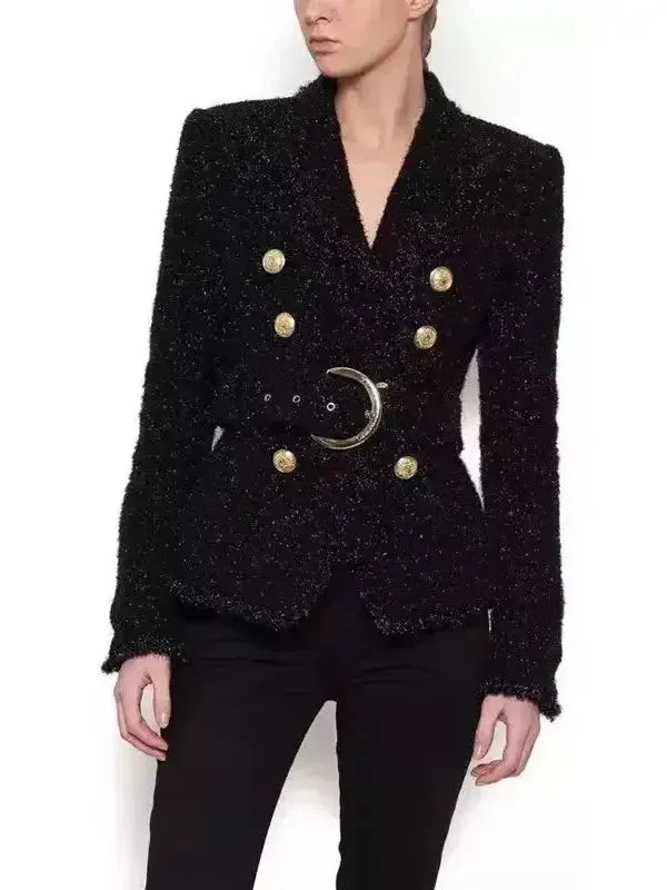 Belted Black Tweed Double-Breasted Jacket