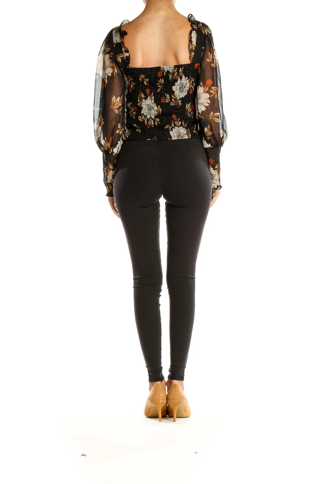 Black Floral Print Metallic Ruched Cropped Blouse