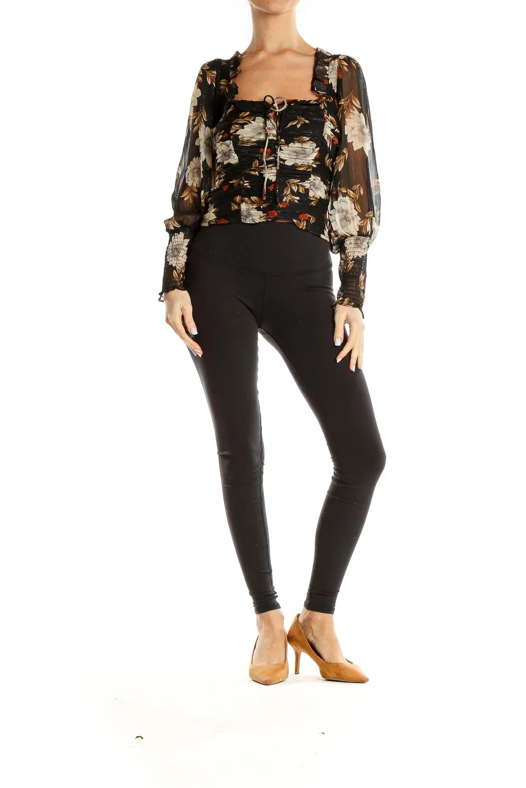 Black Floral Print Metallic Ruched Cropped Blouse