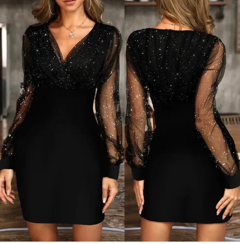 Black Sequin Mini Dress with Sheer Mesh Sleeves