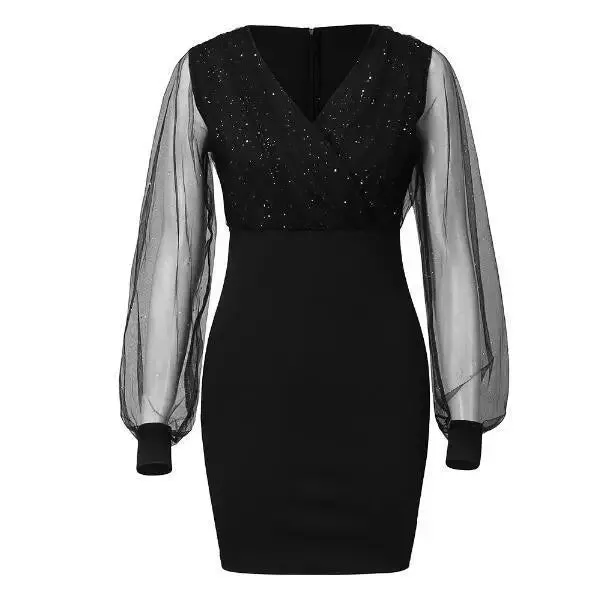 Black Sequin Mini Dress with Sheer Mesh Sleeves