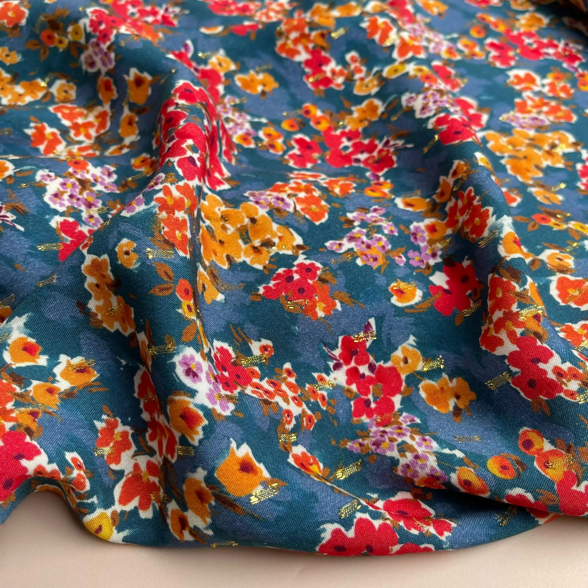 Blossoms on Blue with Lurex Viscose Fabric