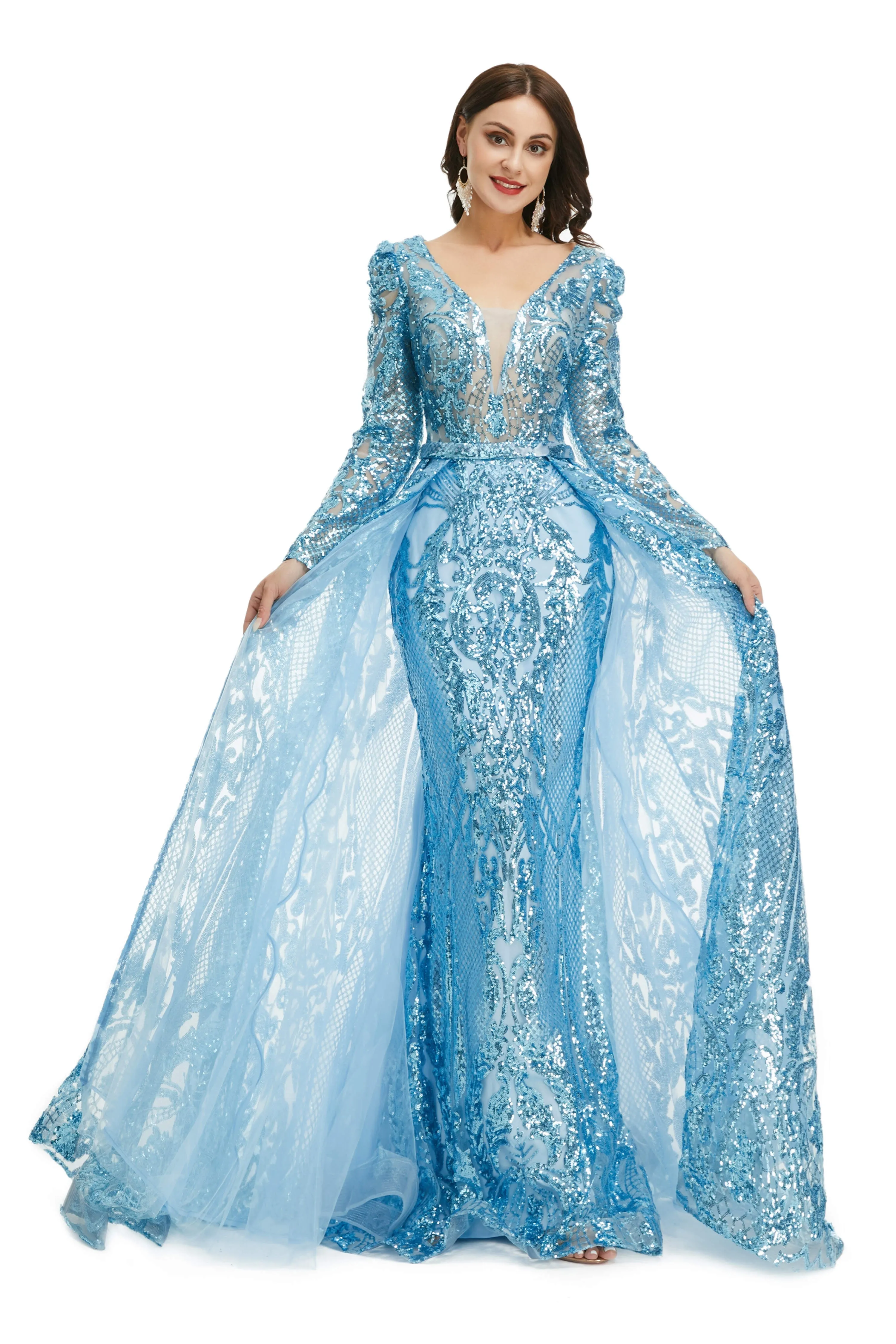 Blue Sequin With Detachable Train Long Sleeves Mermaid Evening Dresses