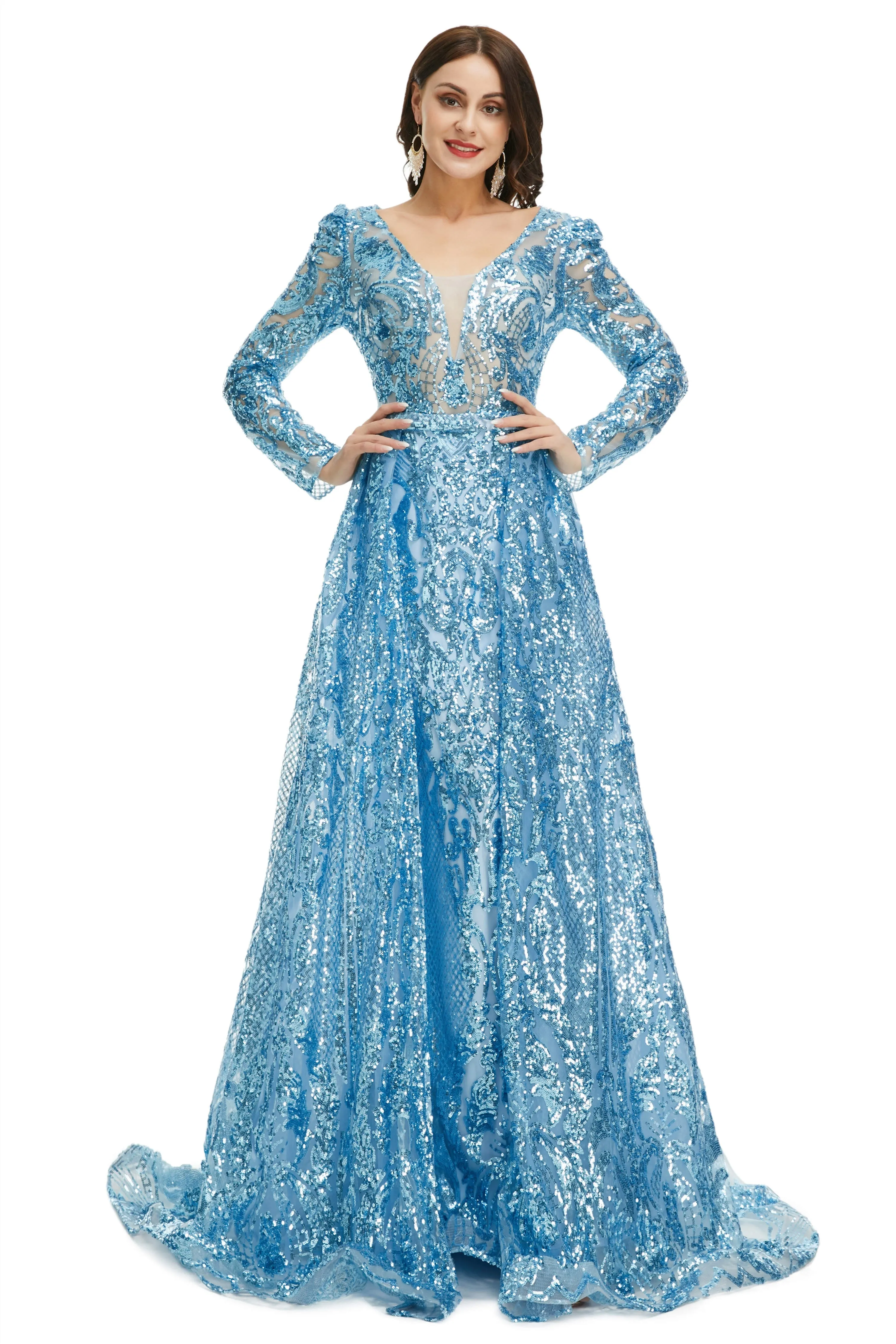 Blue Sequin With Detachable Train Long Sleeves Mermaid Evening Dresses