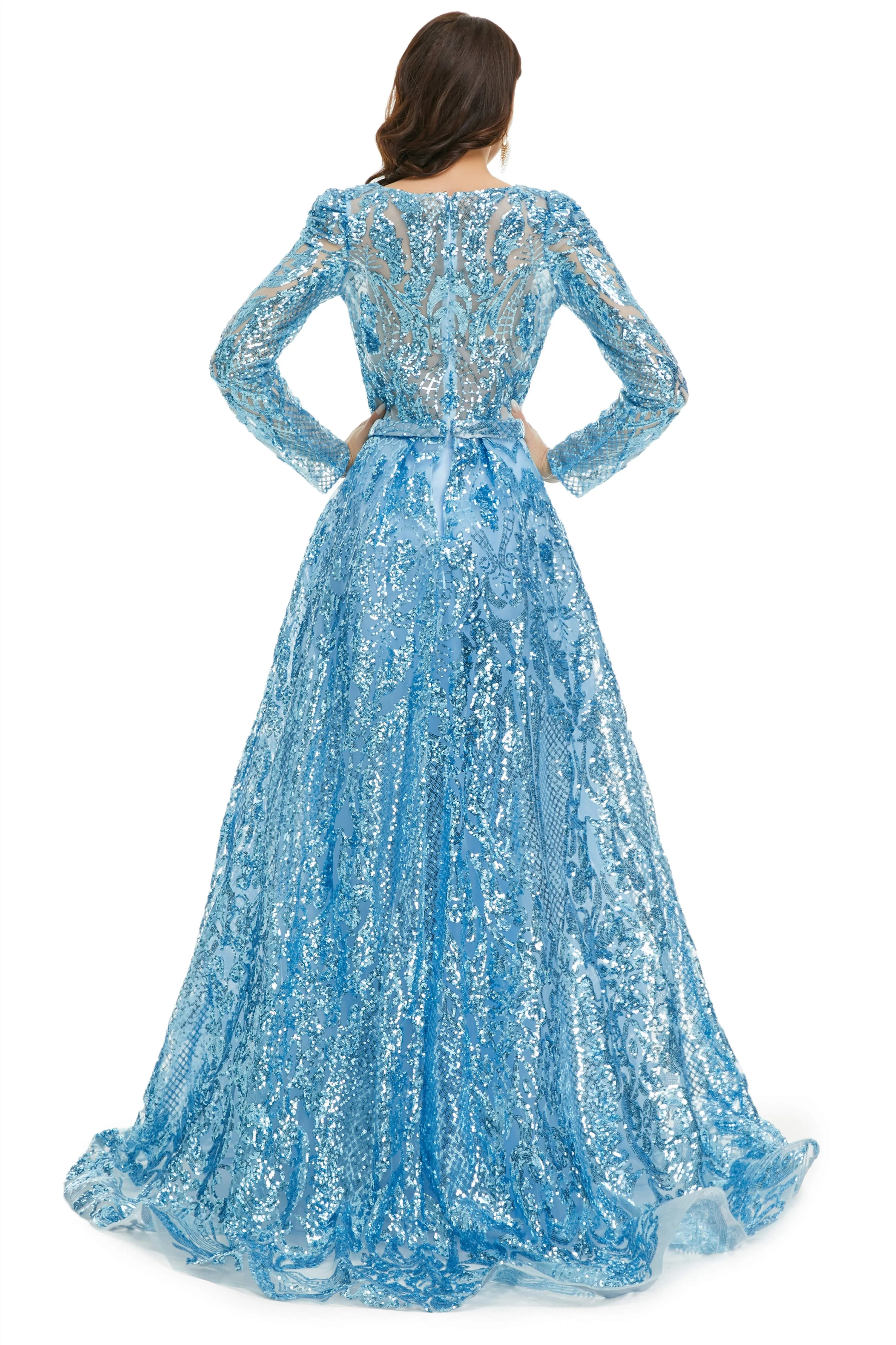 Blue Sequin With Detachable Train Long Sleeves Mermaid Evening Dresses