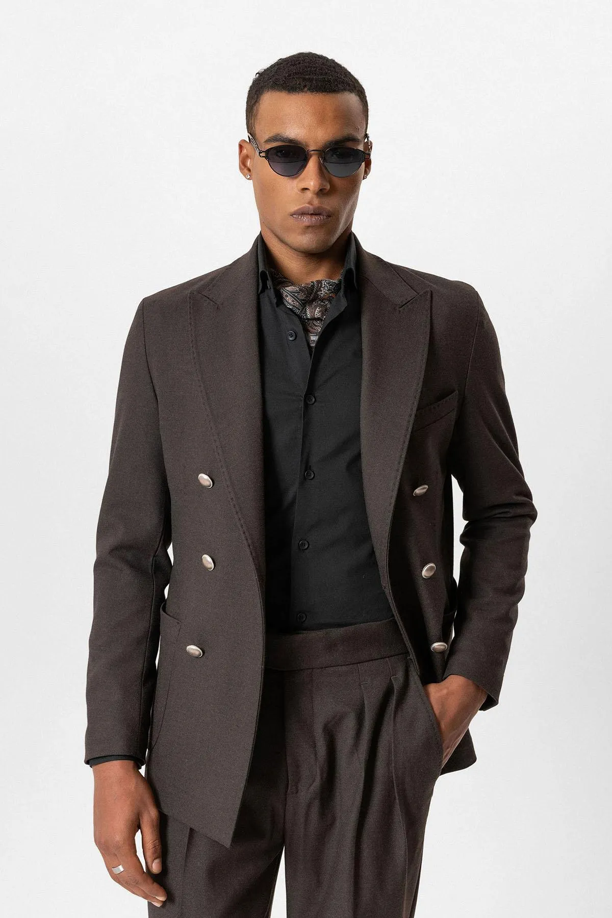 Brown Unlined Double-Breasted Men's Blazer Jacket - Wessi