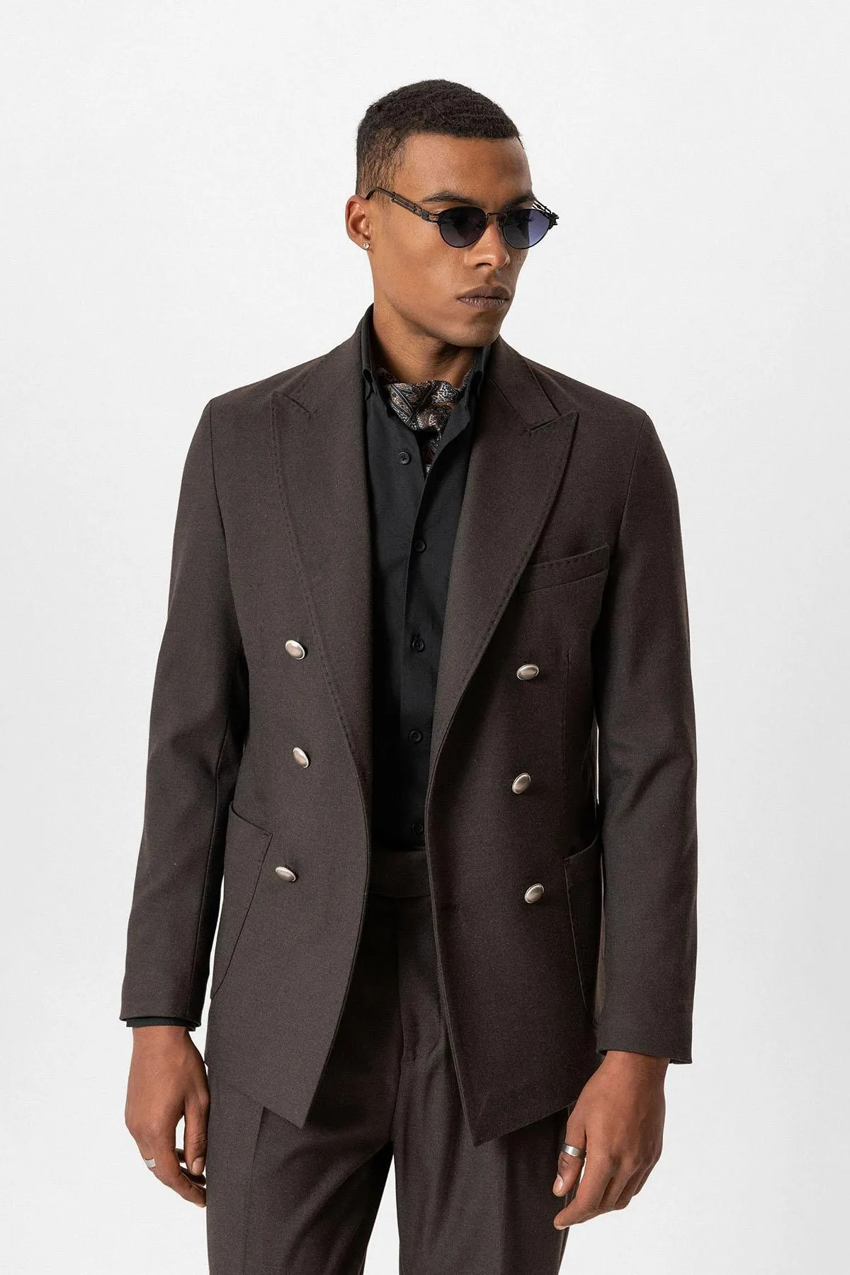 Brown Unlined Double-Breasted Men's Blazer Jacket - Wessi