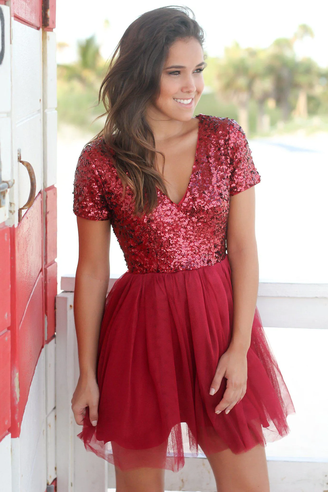 Burgundy Sequin Top Short Dress