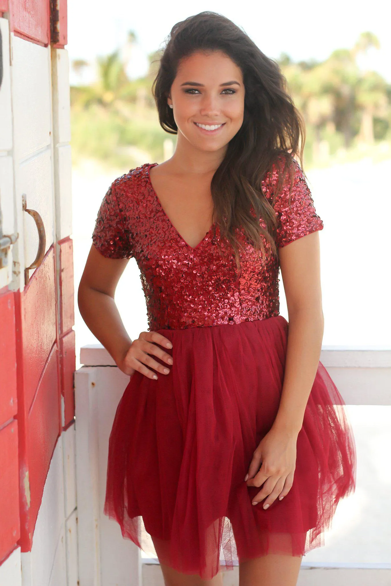 Burgundy Sequin Top Short Dress