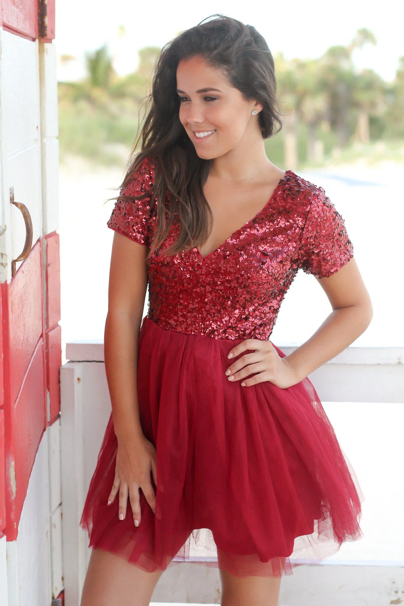 Burgundy Sequin Top Short Dress