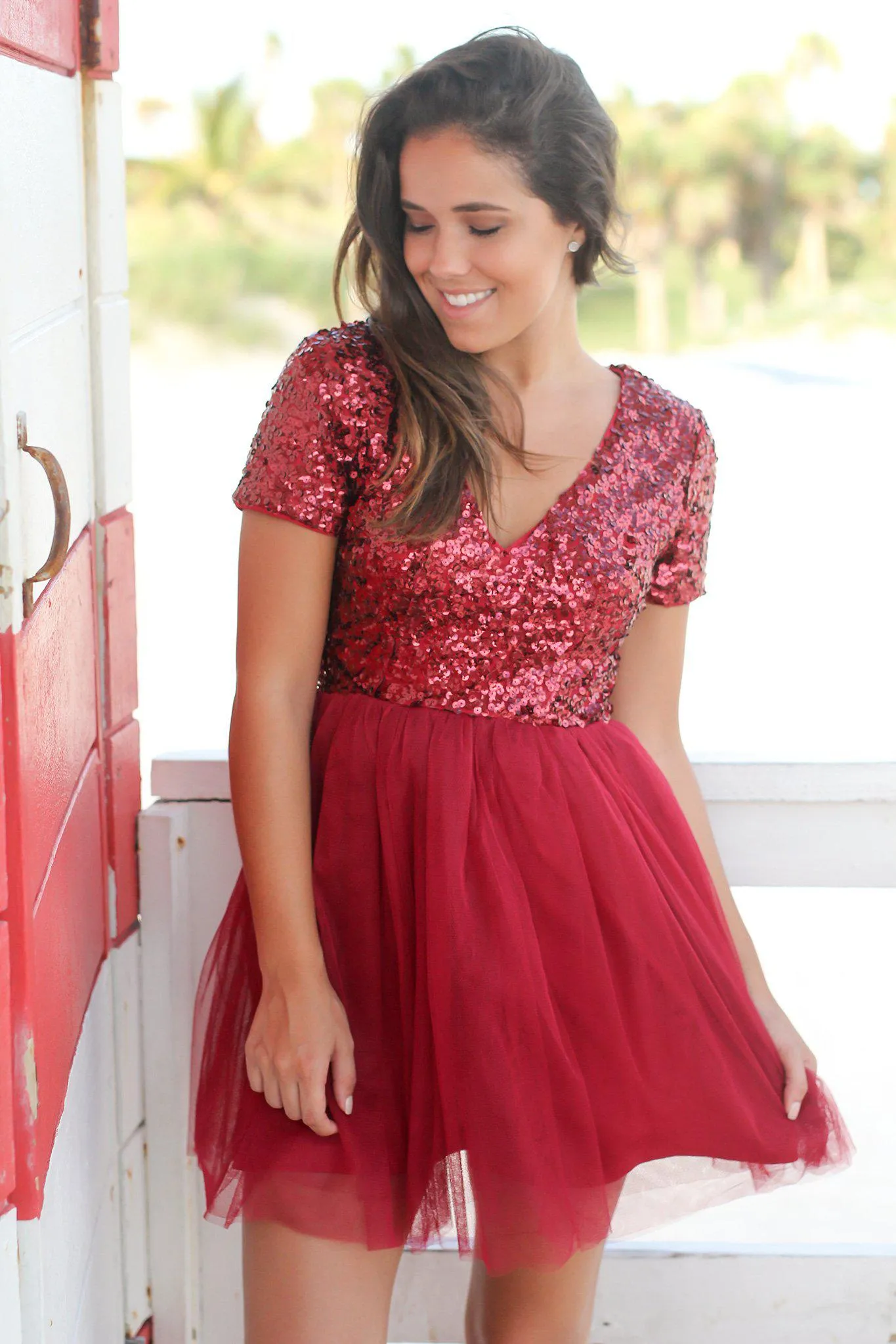 Burgundy Sequin Top Short Dress