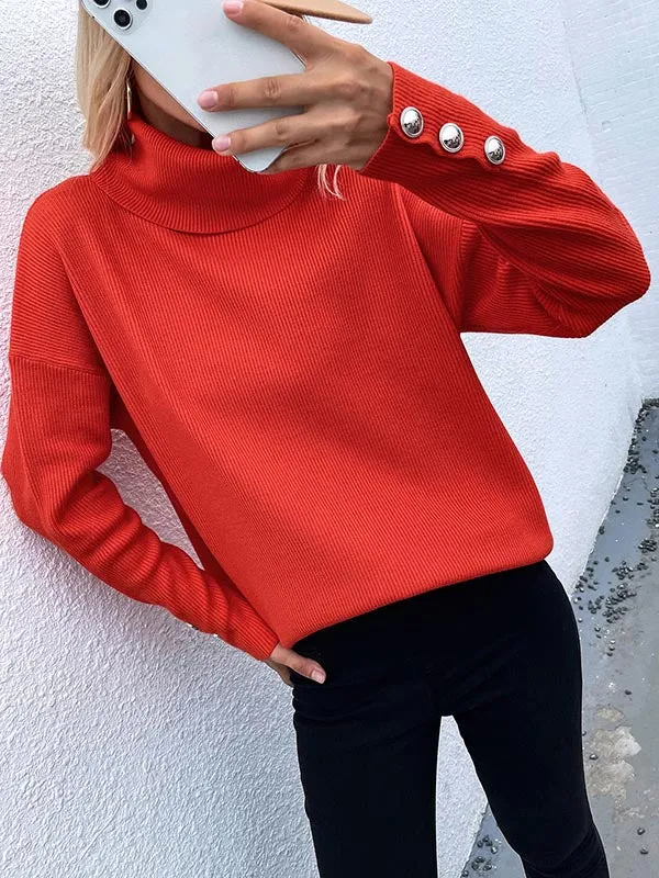 Casual Loose Solid Color High-Neck Long Sleeves Knitwear