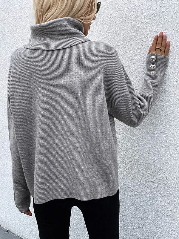 Casual Loose Solid Color High-Neck Long Sleeves Knitwear