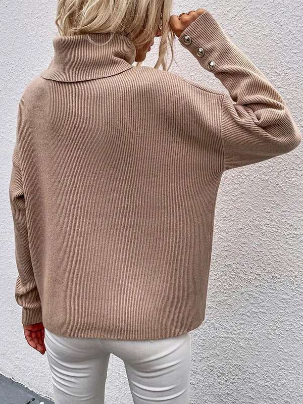 Casual Loose Solid Color High-Neck Long Sleeves Knitwear