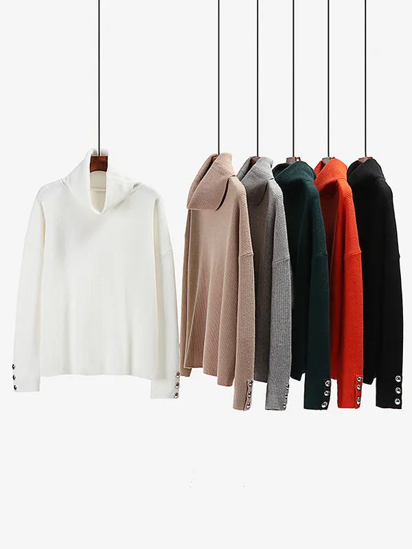 Casual Loose Solid Color High-Neck Long Sleeves Knitwear