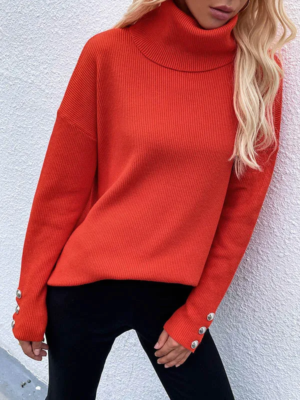 Casual Loose Solid Color High-Neck Long Sleeves Knitwear