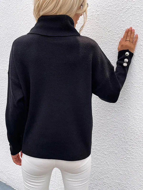 Casual Loose Solid Color High-Neck Long Sleeves Knitwear