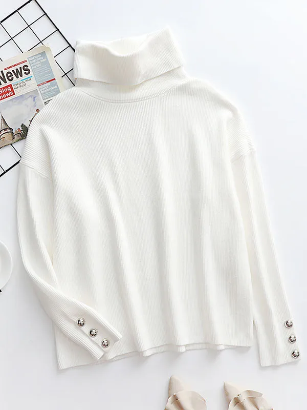 Casual Loose Solid Color High-Neck Long Sleeves Knitwear