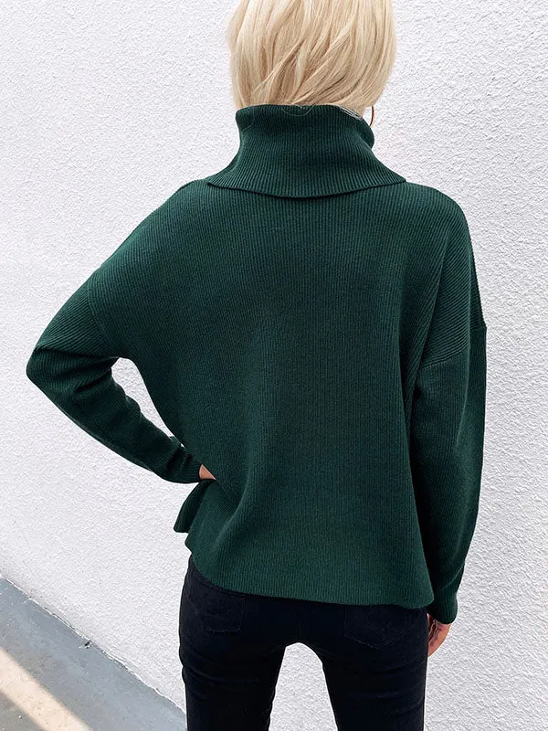 Casual Loose Solid Color High-Neck Long Sleeves Knitwear