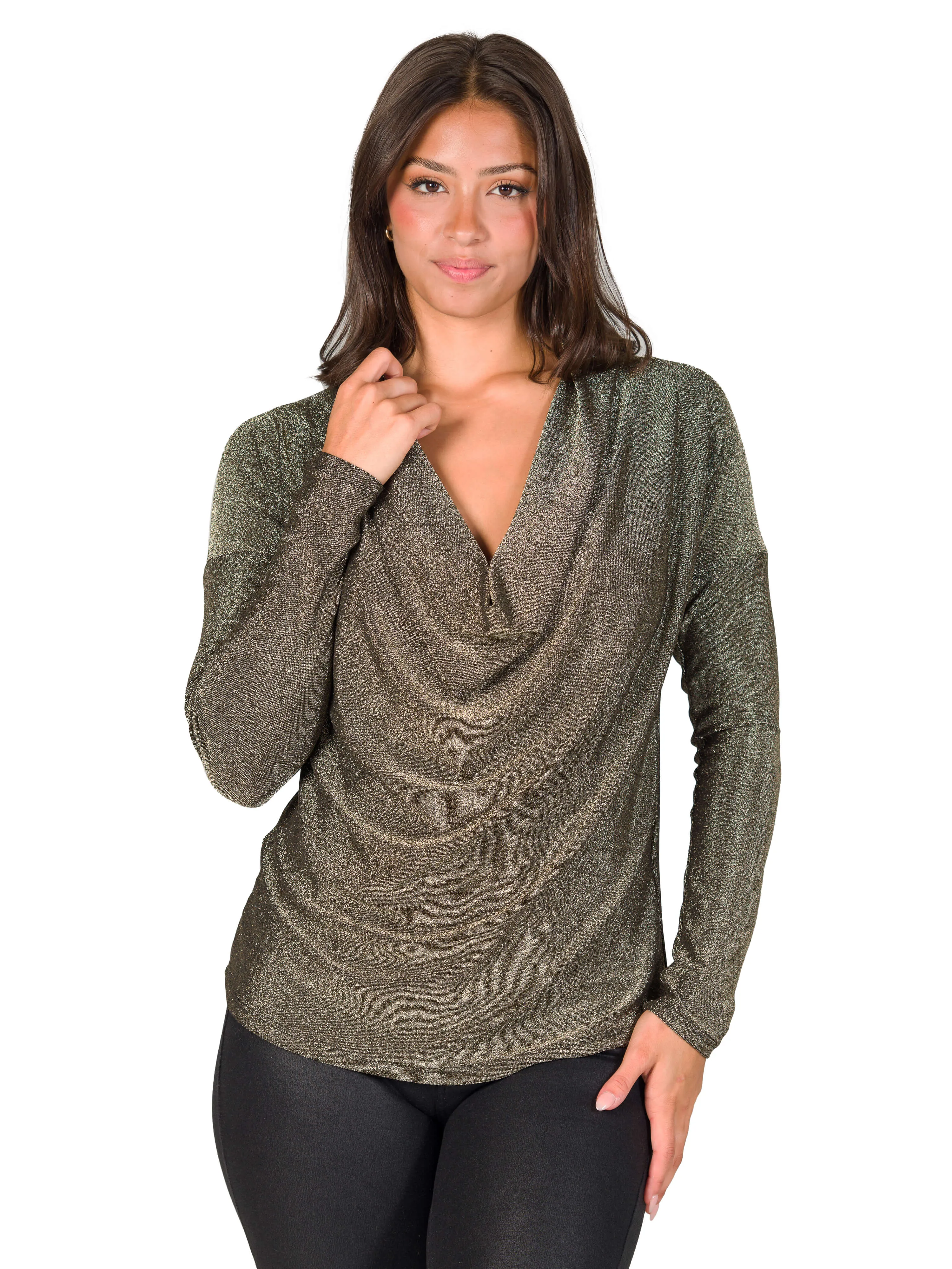 Cowl Neck Long Sleeve Shimmery Fabric Top