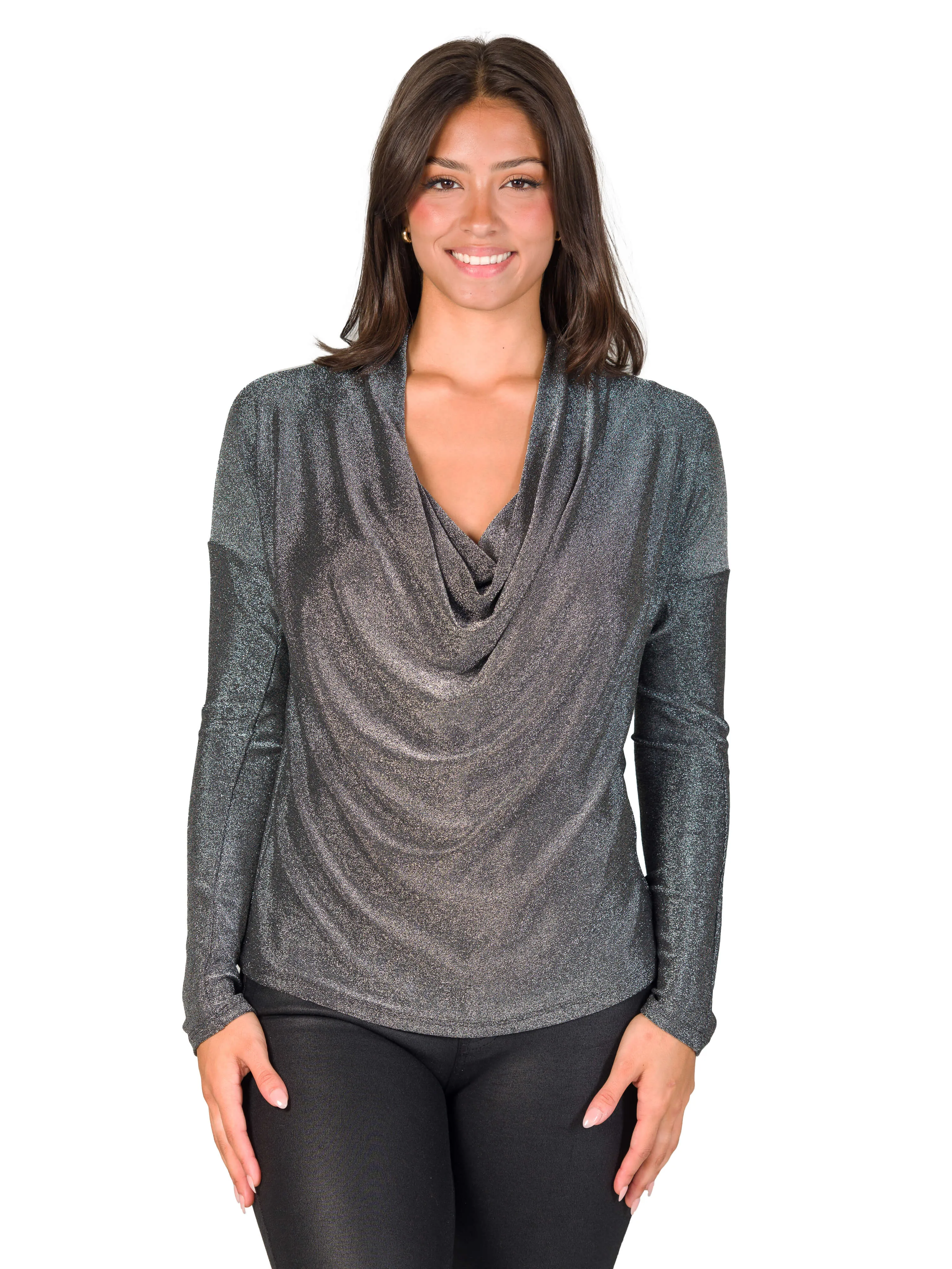 Cowl Neck Long Sleeve Shimmery Fabric Top