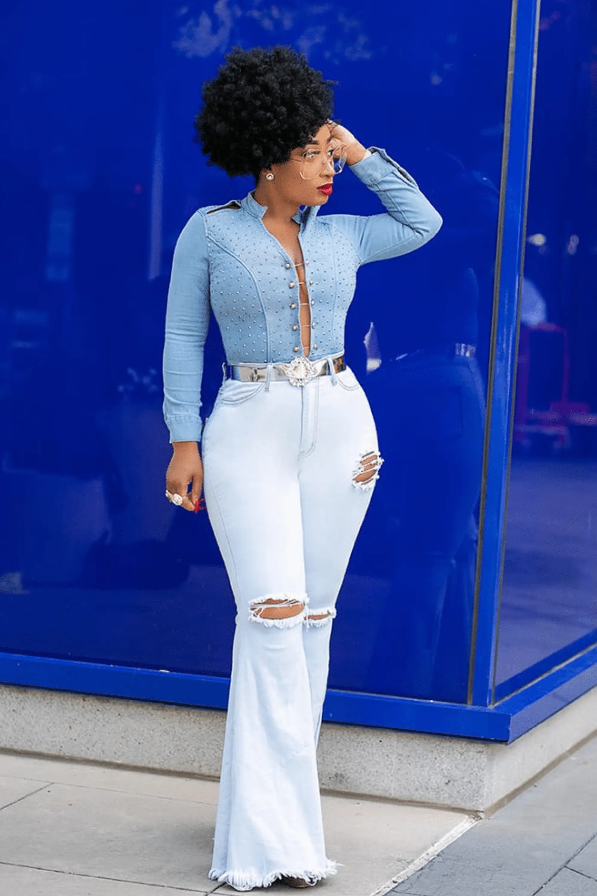 Curve Hugger | Light Blue Bell Bottom Denim Jeans