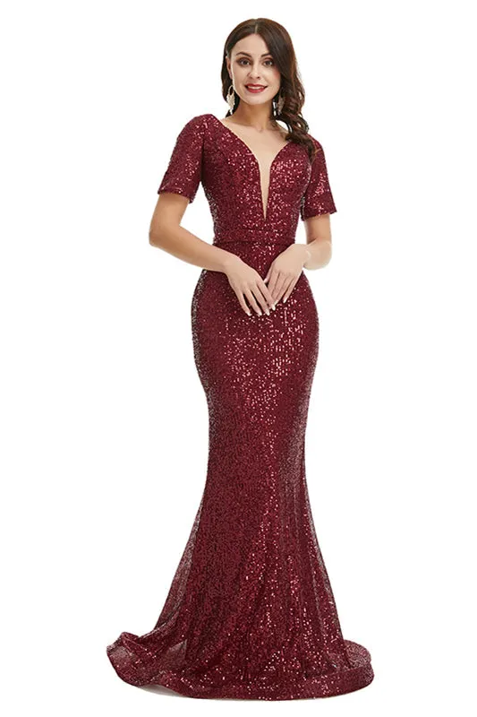 Deep V Neck sleeveless Sparkly Sequin Fishtail Prom Dresses