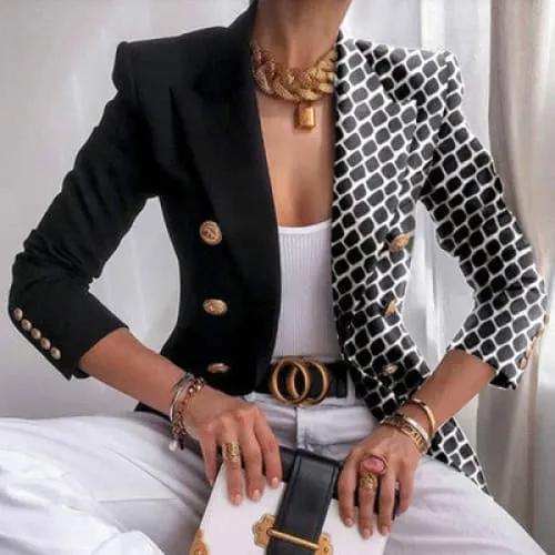 Double Breasted Print Design Lapel Collar Blazer