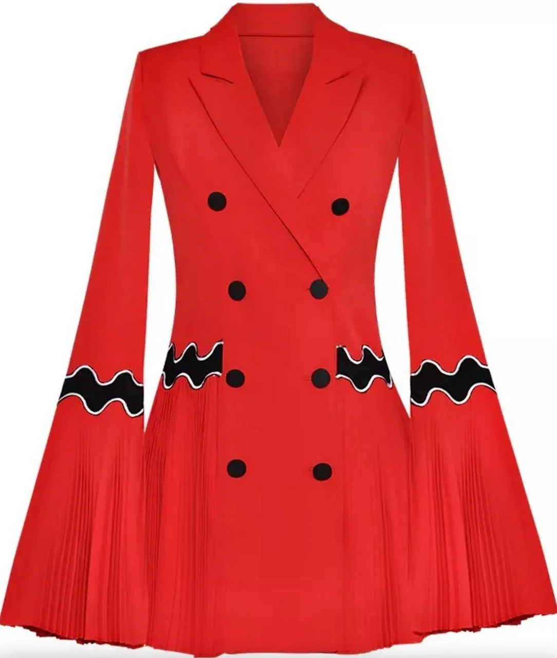 Embroidered Pleated Double-Breasted Flared Blazer, Red