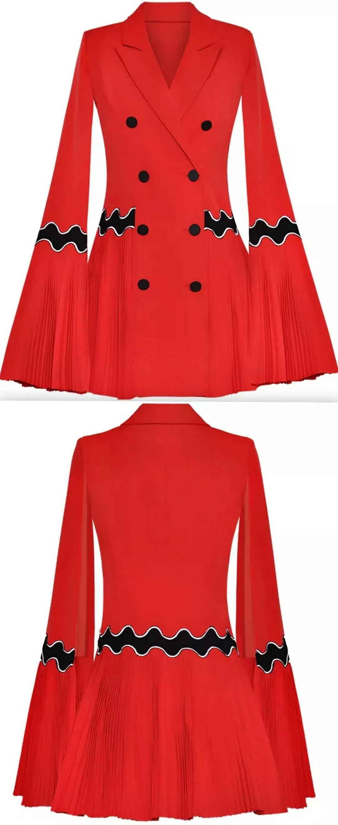 Embroidered Pleated Double-Breasted Flared Blazer, Red