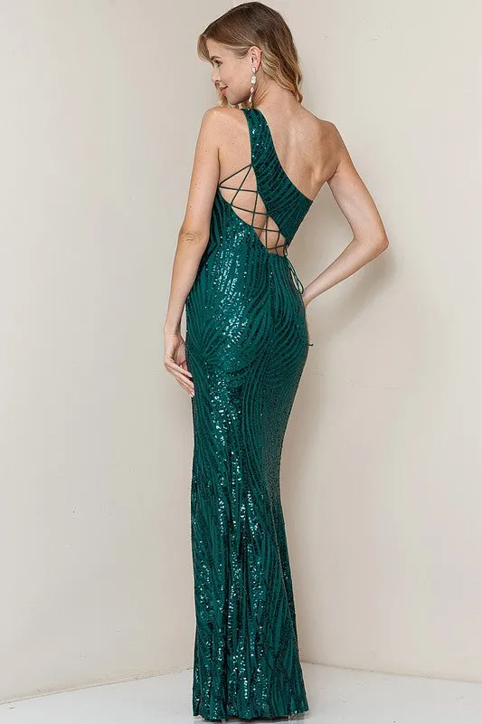 Emerald One Shoulder Lace Up Back Slit Sequin Maxi Dress