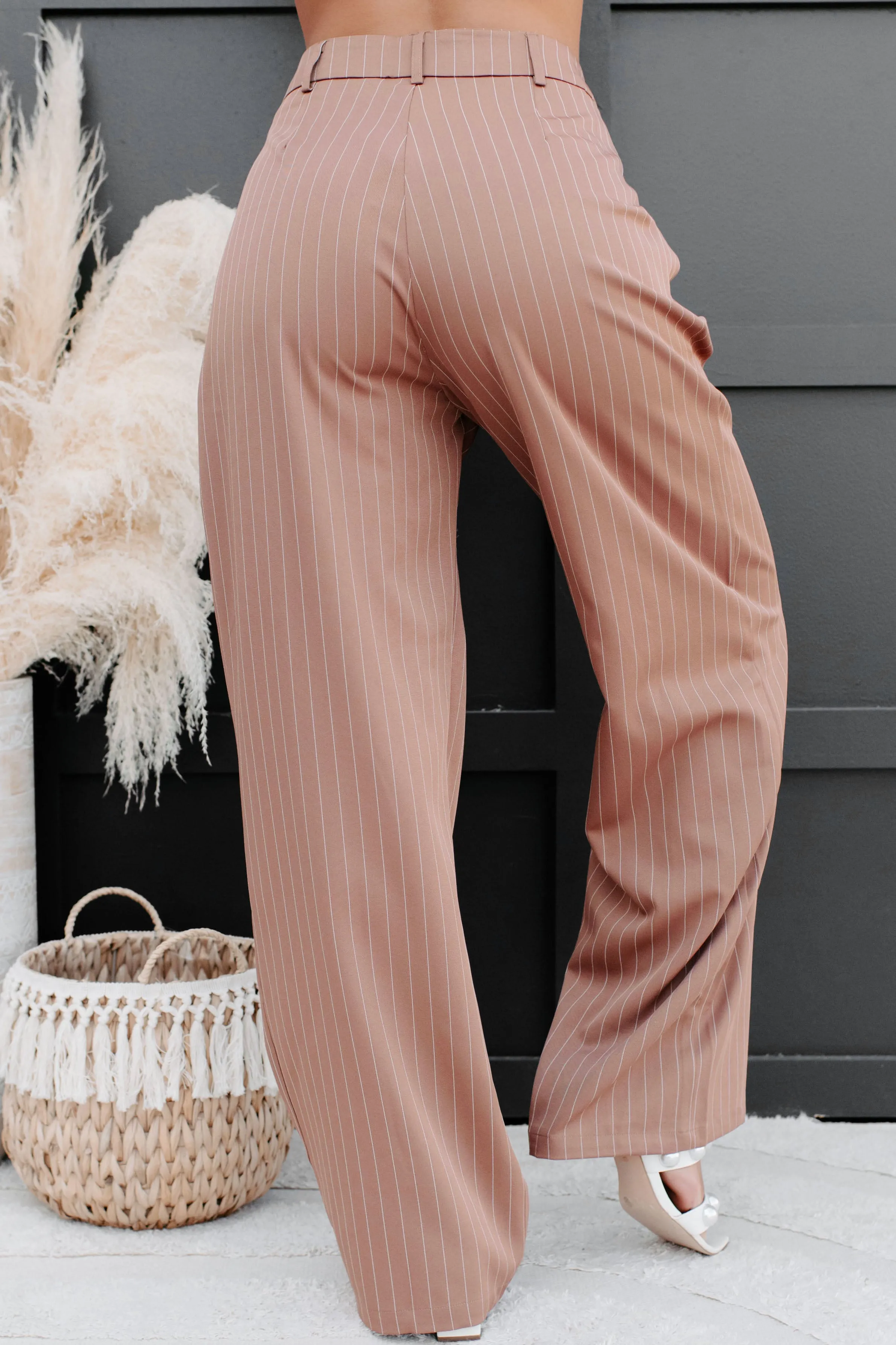 Fall From Grace Pinstripe Wide Leg Pants (Camel/White)