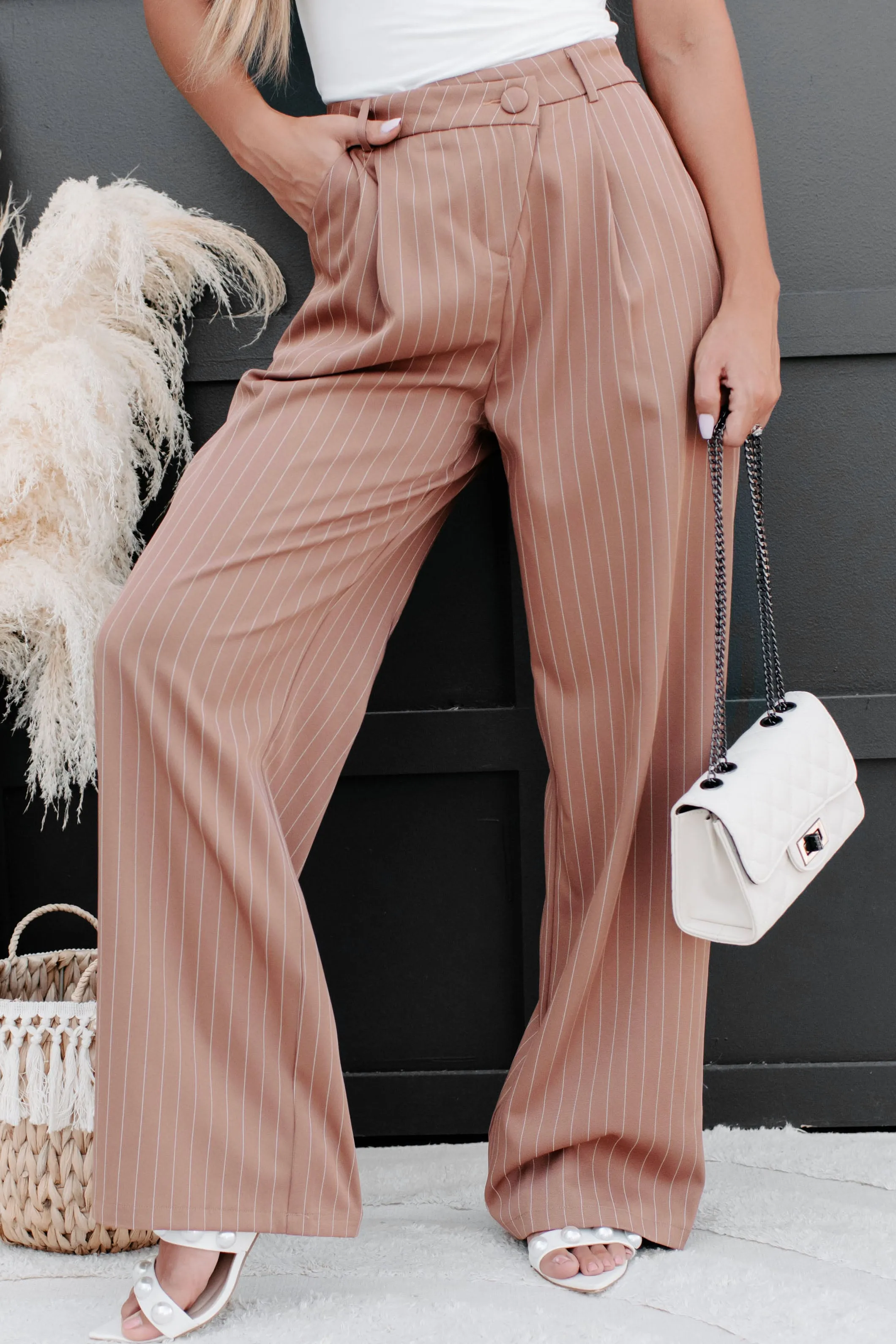 Fall From Grace Pinstripe Wide Leg Pants (Camel/White)