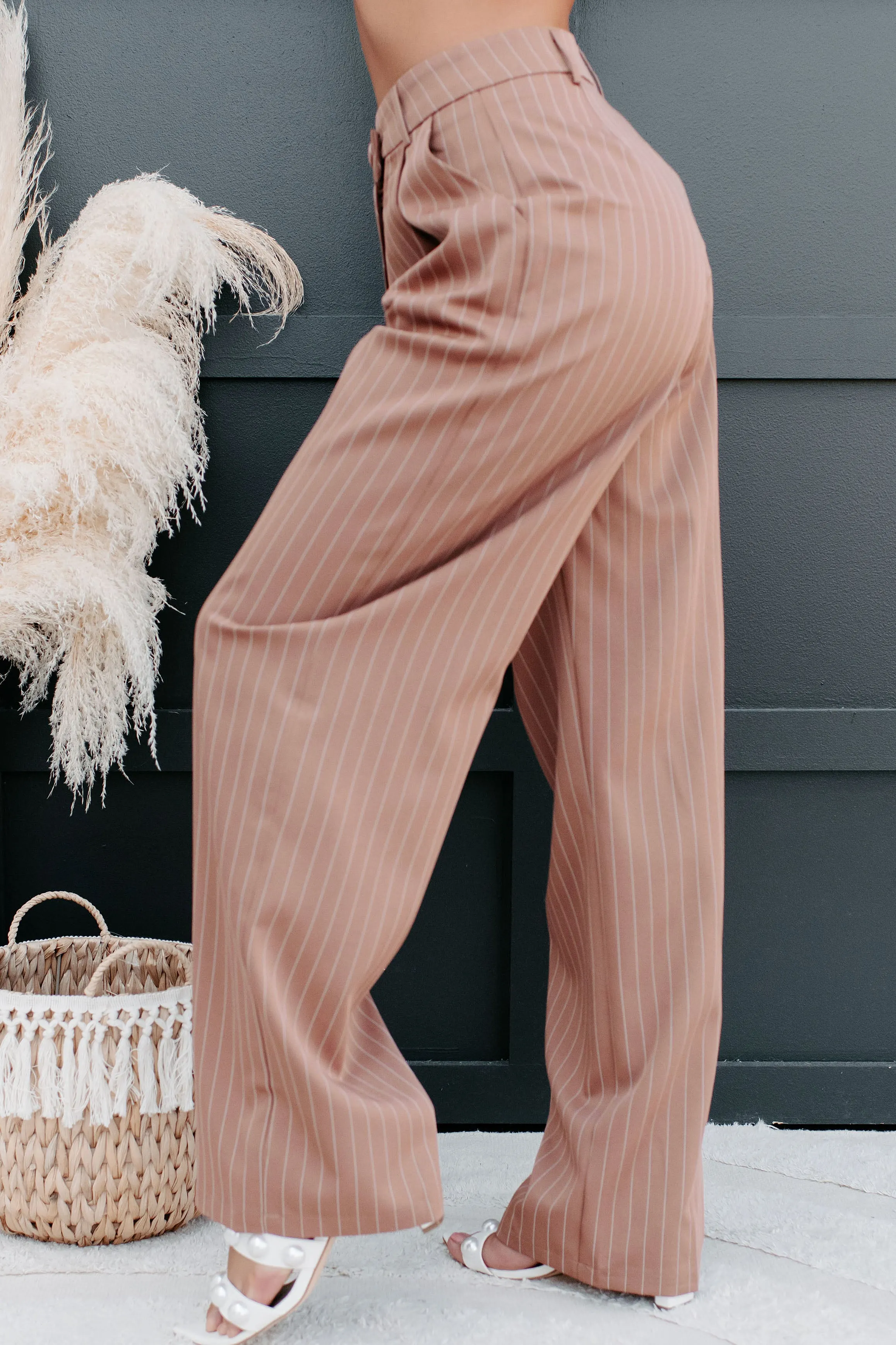 Fall From Grace Pinstripe Wide Leg Pants (Camel/White)