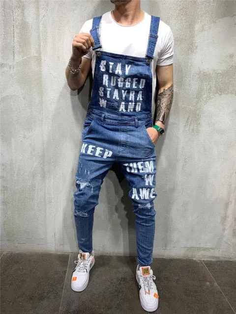 Fashion Ripped Distressed Denim Bib Overalls