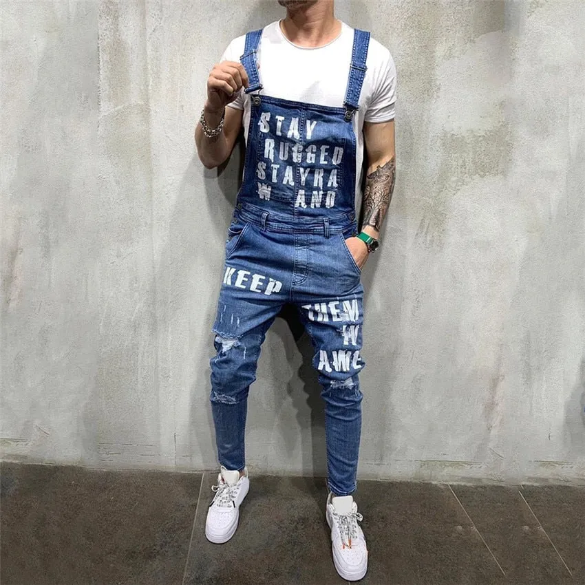 Fashion Ripped Distressed Denim Bib Overalls