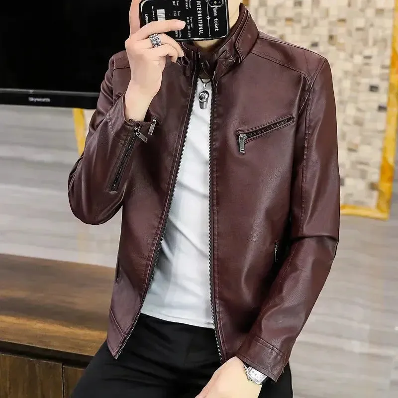 Fashionable Casual Trendy Korean Style Slim Fit Leather Jacket For Men New Arrival Autumn Winter Stand Collar Motorcycle Jacket