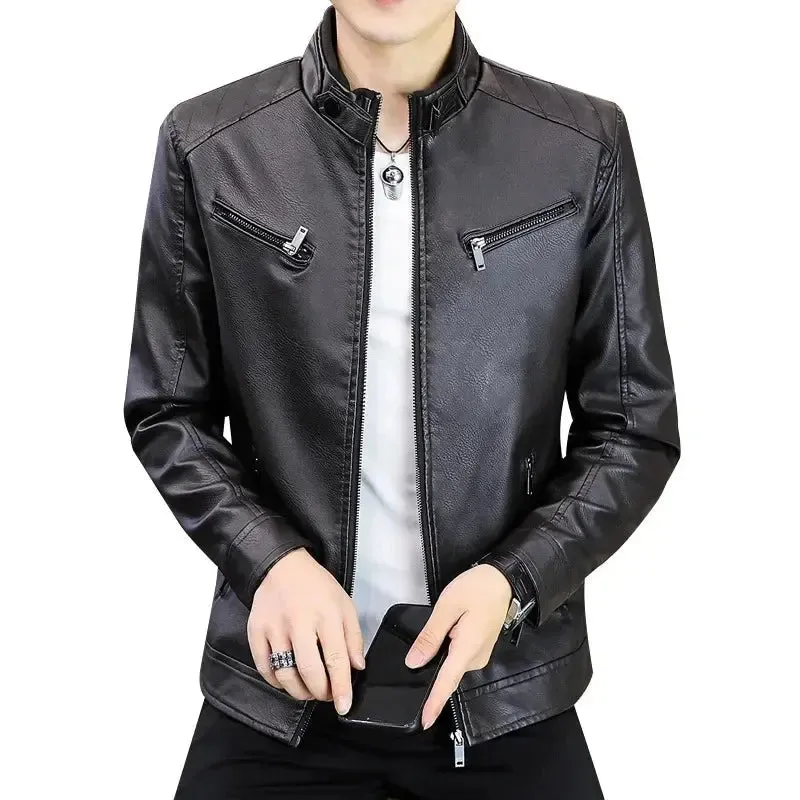 Fashionable Casual Trendy Korean Style Slim Fit Leather Jacket For Men New Arrival Autumn Winter Stand Collar Motorcycle Jacket